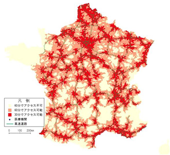 高次医療施設のまでのアクセス時間（フランス）